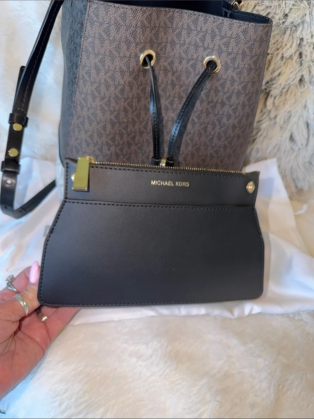 Michael Kors Brown and Cream Signature Drawstring Bucket Tote